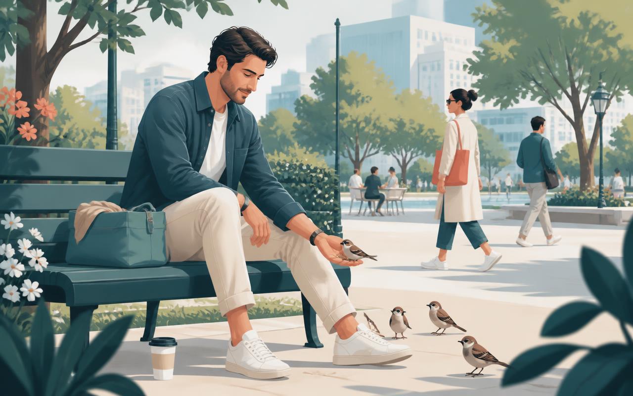 A calm man on a park bench feeding small birds while city life moves gently around him