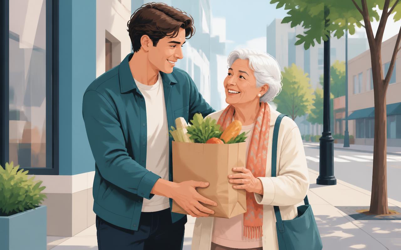 A young man on a city sidewalk helping an older woman carry her grocery bag, both smiling