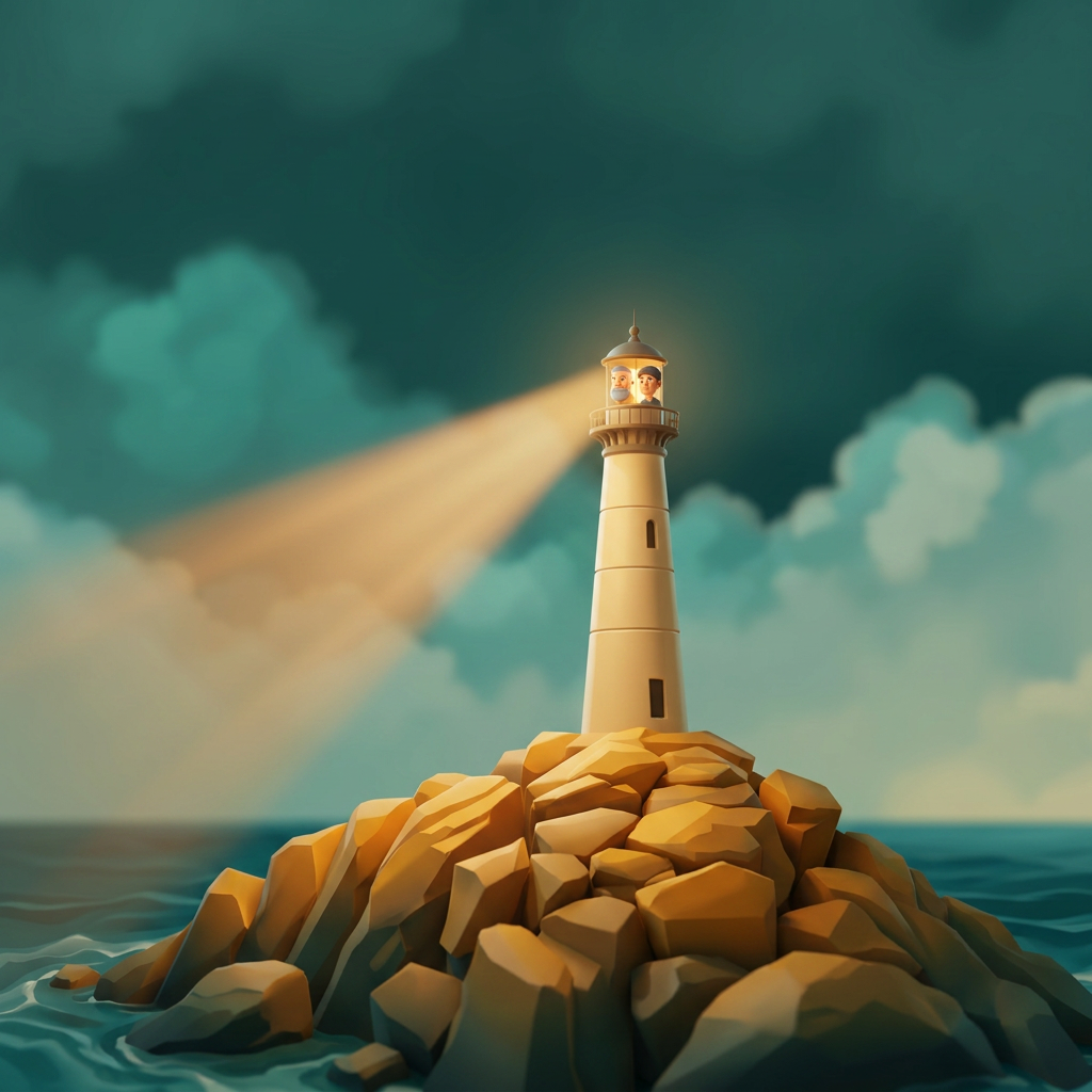 A lighthouse beam cutting through misty sea air