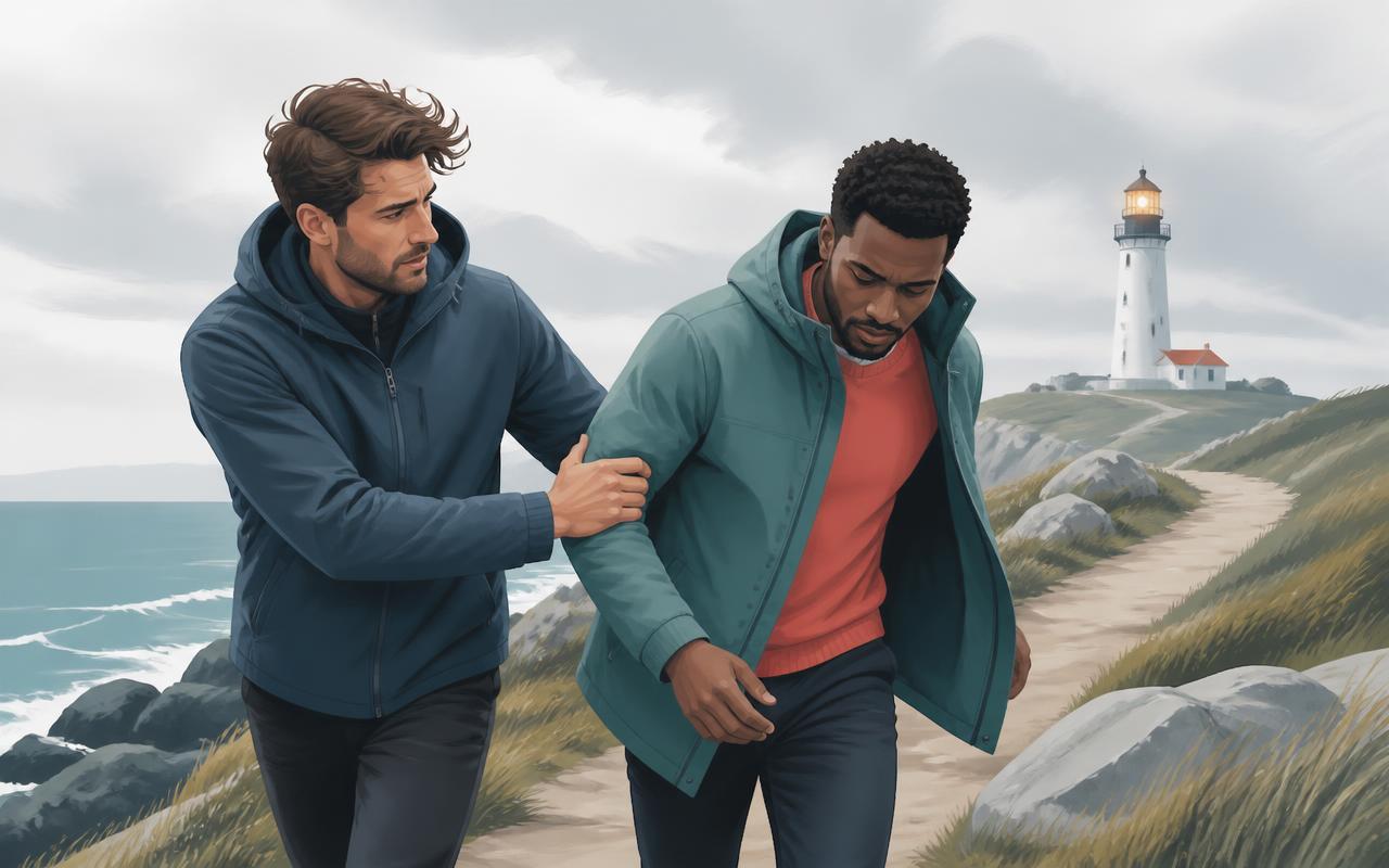A man steadying his friend on a windy coastal path, a lighthouse glowing in the distance