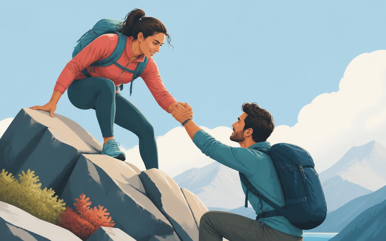 A woman in hiking gear reaching down from a rock ledge to pull a man up beside her