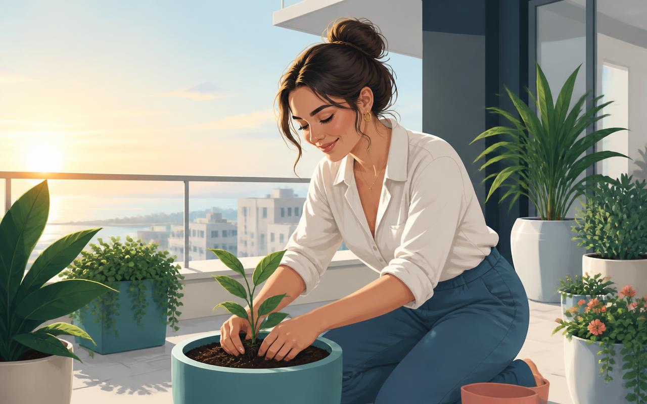 A woman planting a young seedling in a pot on a sunlit balcony garden at sunrise