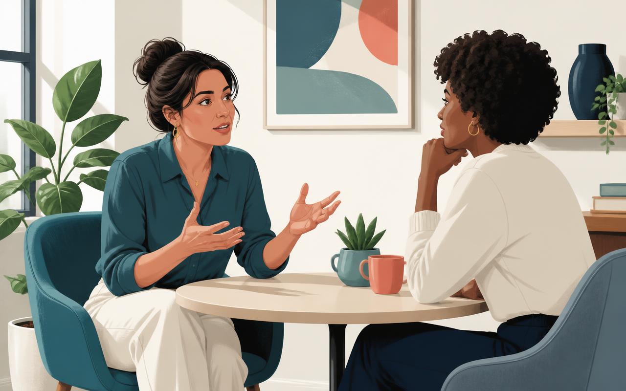 A woman speaking openly to a colleague across a small table in a sunlit room