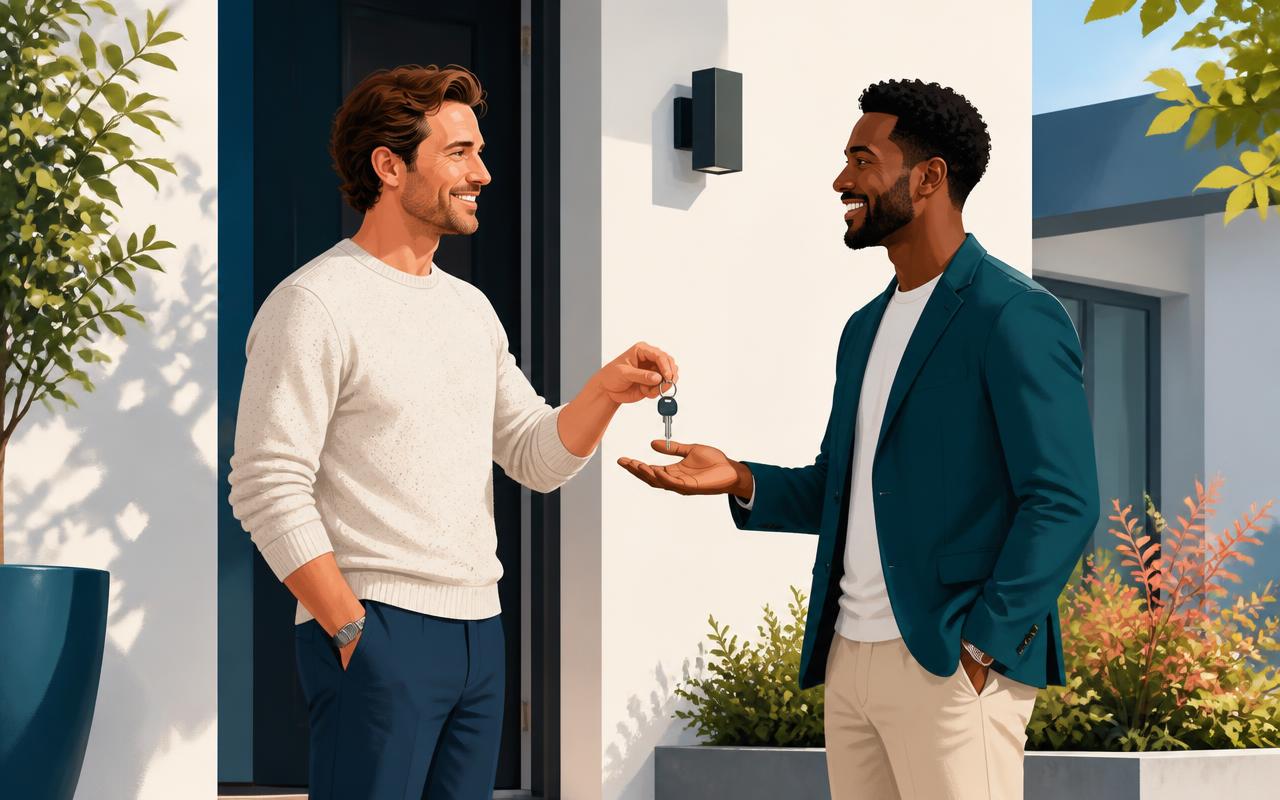 A man handing his house keys to a neighbour on a sunlit doorstep