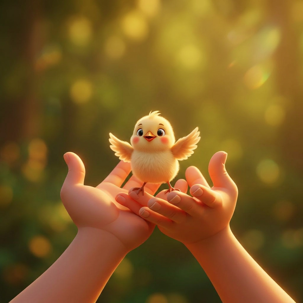 A small bird being handed gently between two pairs of hands