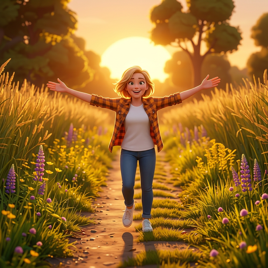 A cheerful person stepping forward on a sunlit path with arms open