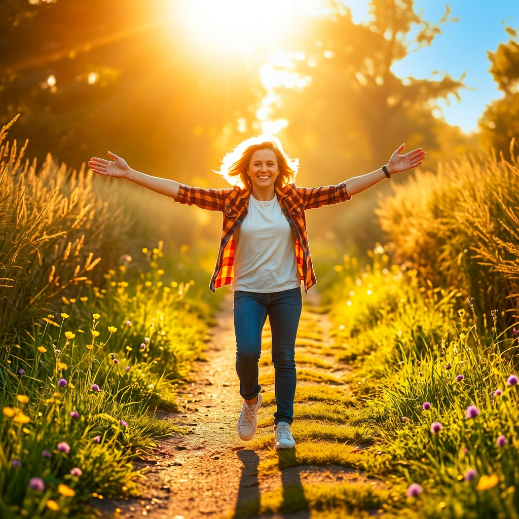 A cheerful person stepping forward on a sunlit path with arms open