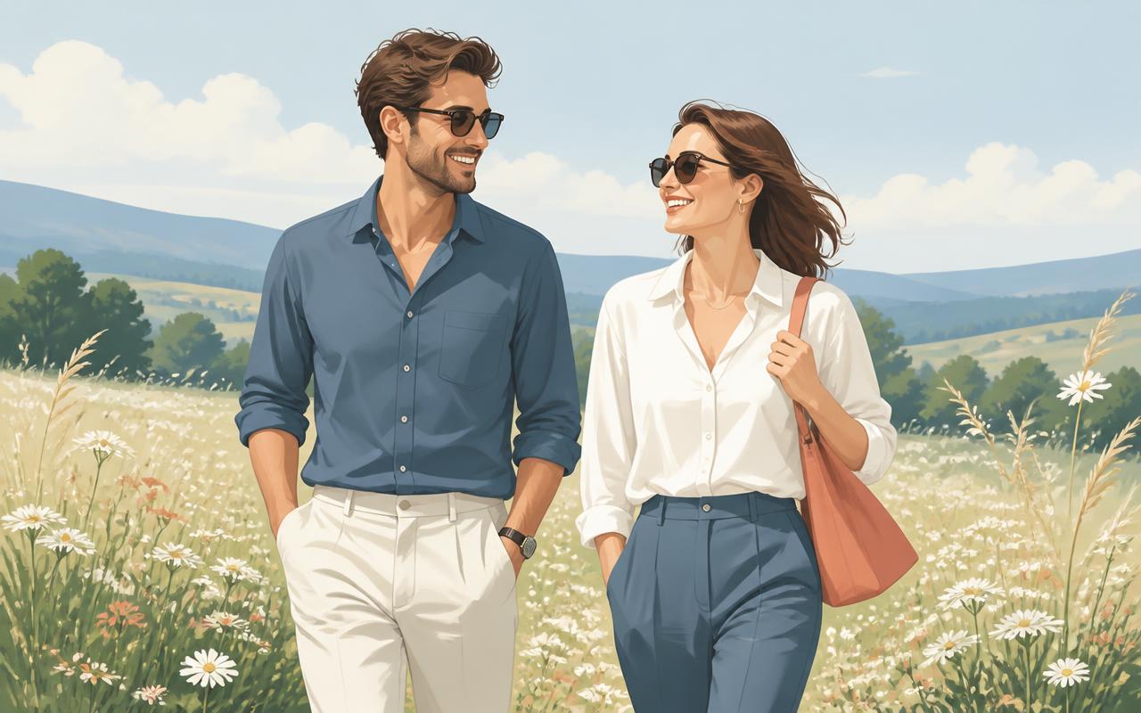 A man and a woman walking and smiling together through a sunlit summer meadow