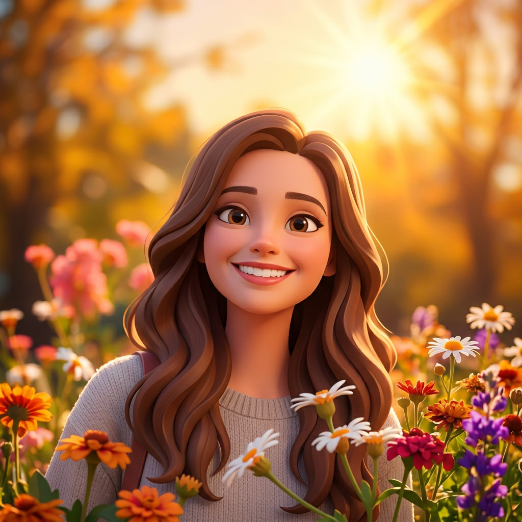 A smiling person in a sunlit meadow surrounded by wildflowers