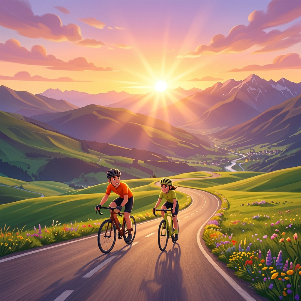 A long winding road leading toward a bright sunrise over green hills