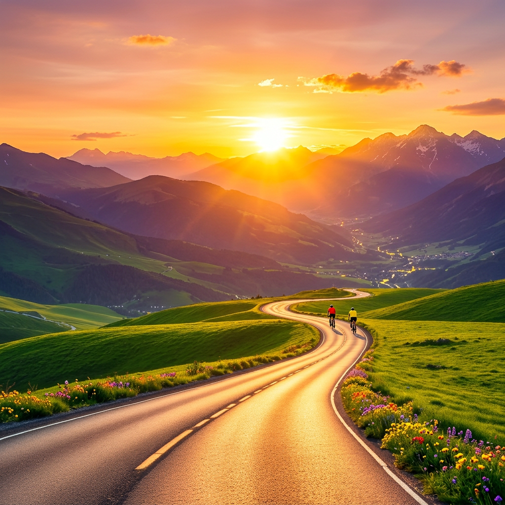 A long winding road leading toward a bright sunrise over green hills