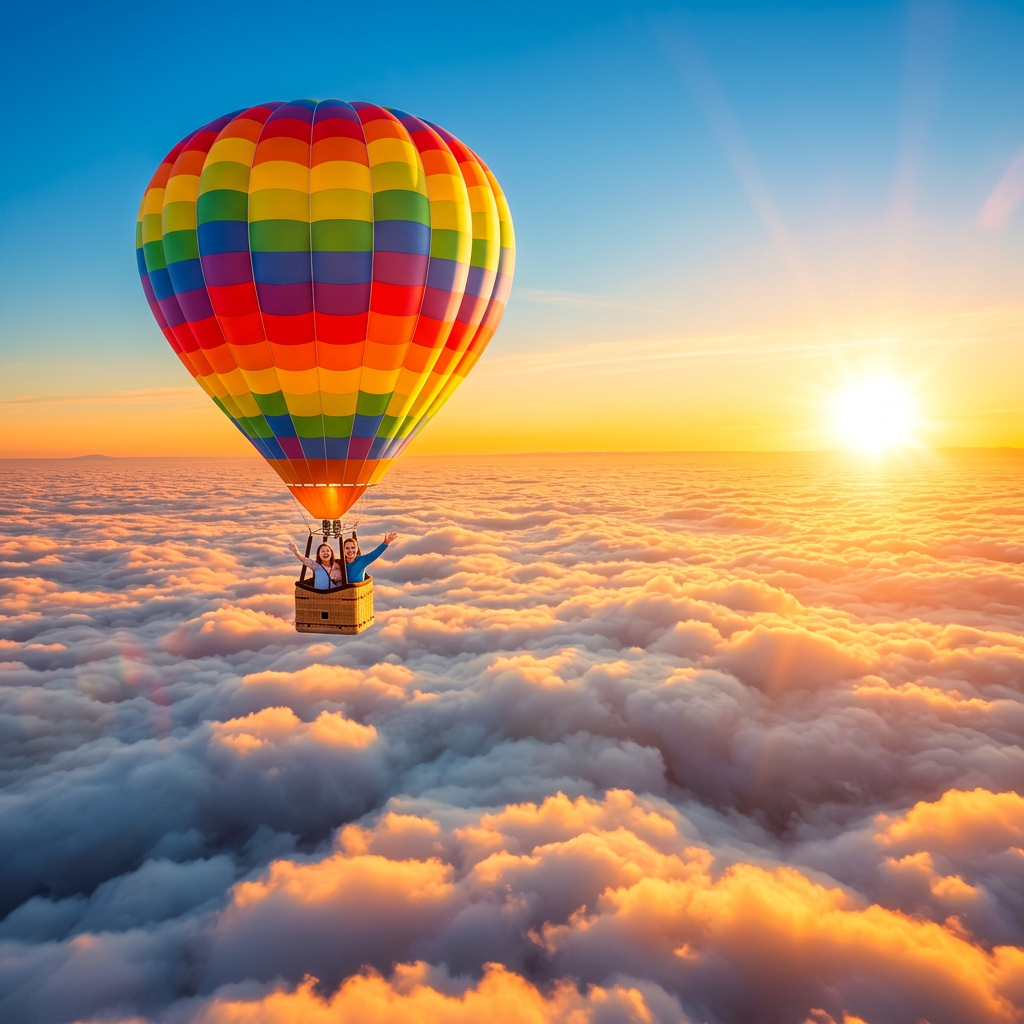 A colorful hot air balloon soaring high above a sea of bright clouds at sunrise