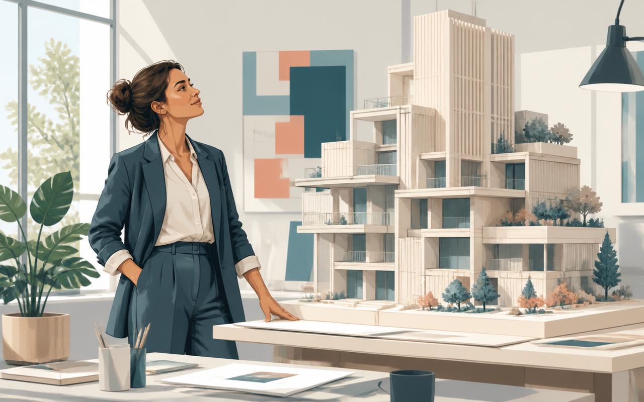 A woman architect in a bright studio looking up at a large, ambitious building model