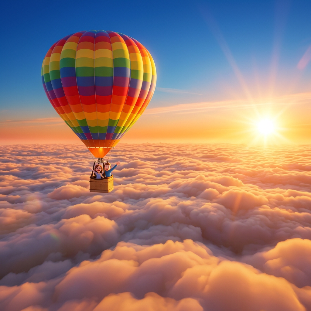A colorful hot air balloon soaring high above a sea of bright clouds at sunrise