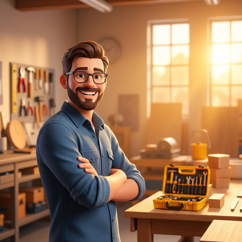 A smiling person rolling up their sleeves in a sunlit workshop