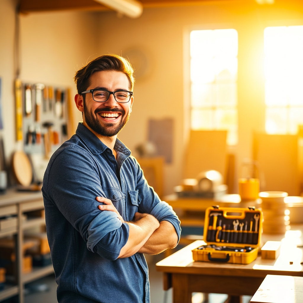 A smiling person rolling up their sleeves in a sunlit workshop