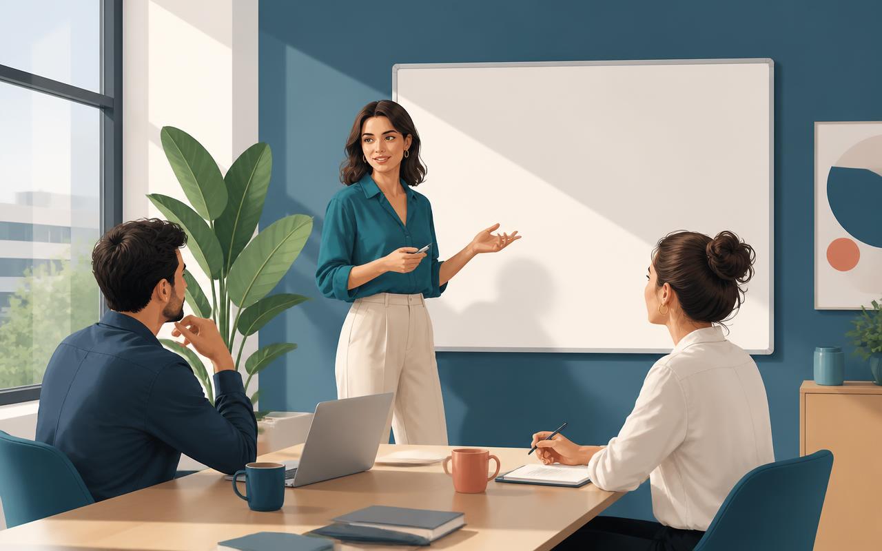 A woman leading a meeting at a whiteboard while two colleagues listen