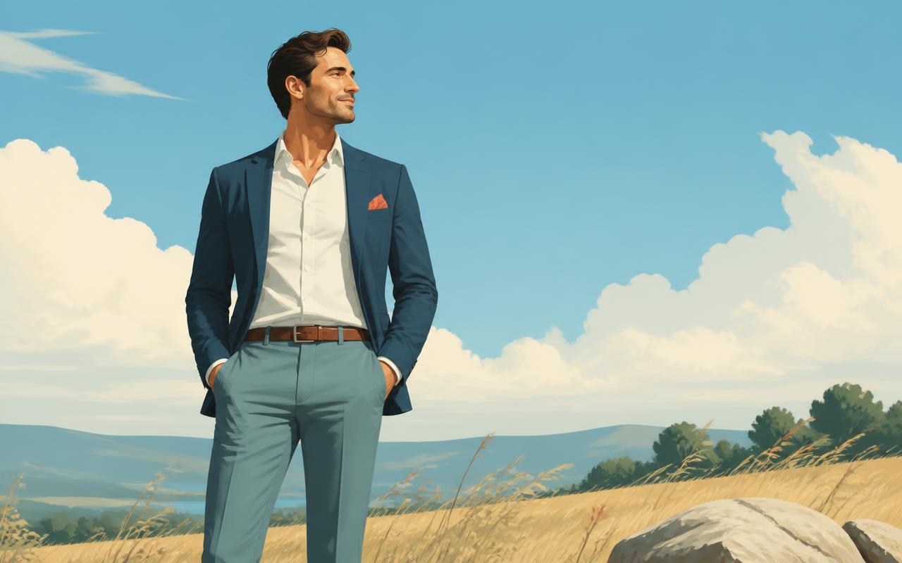 A man standing tall and at ease in an open sunlit field under a blue sky