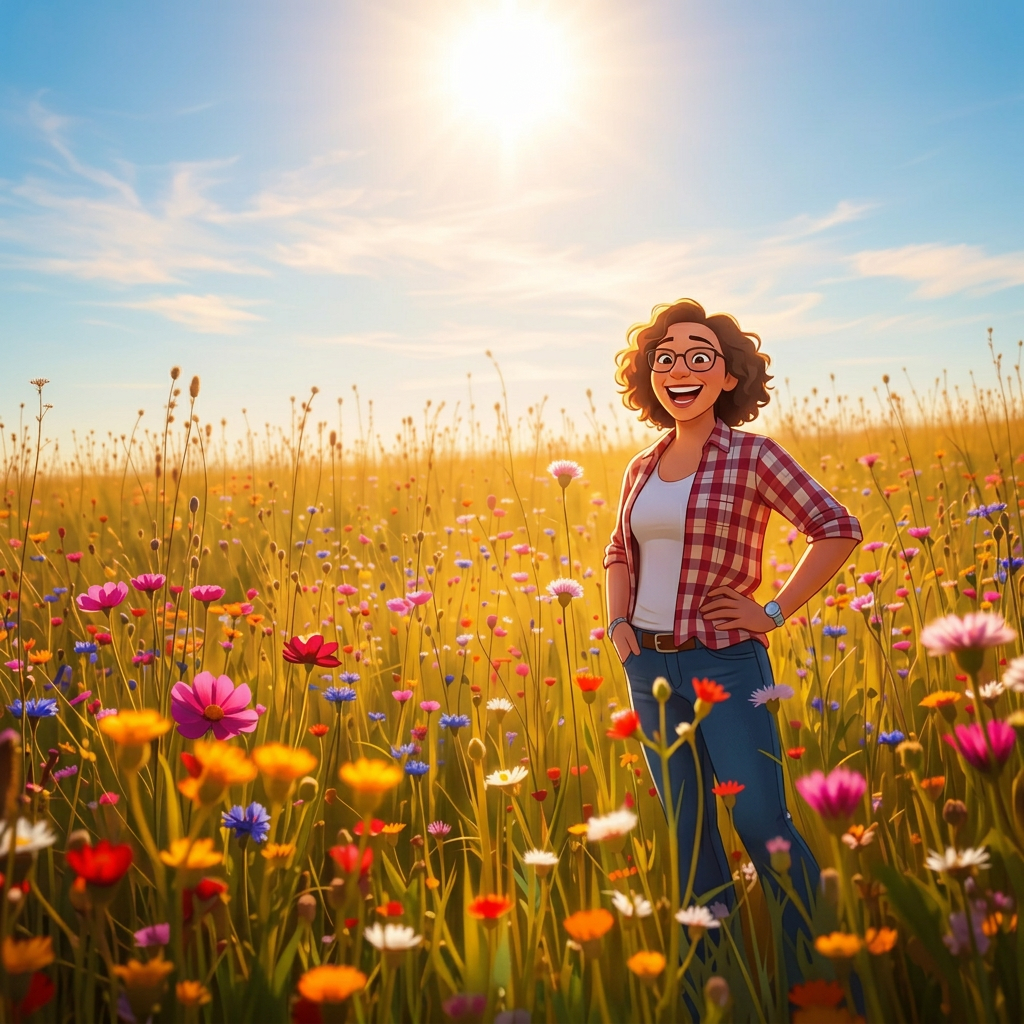 A confident person standing tall in a field of wildflowers under blue sky