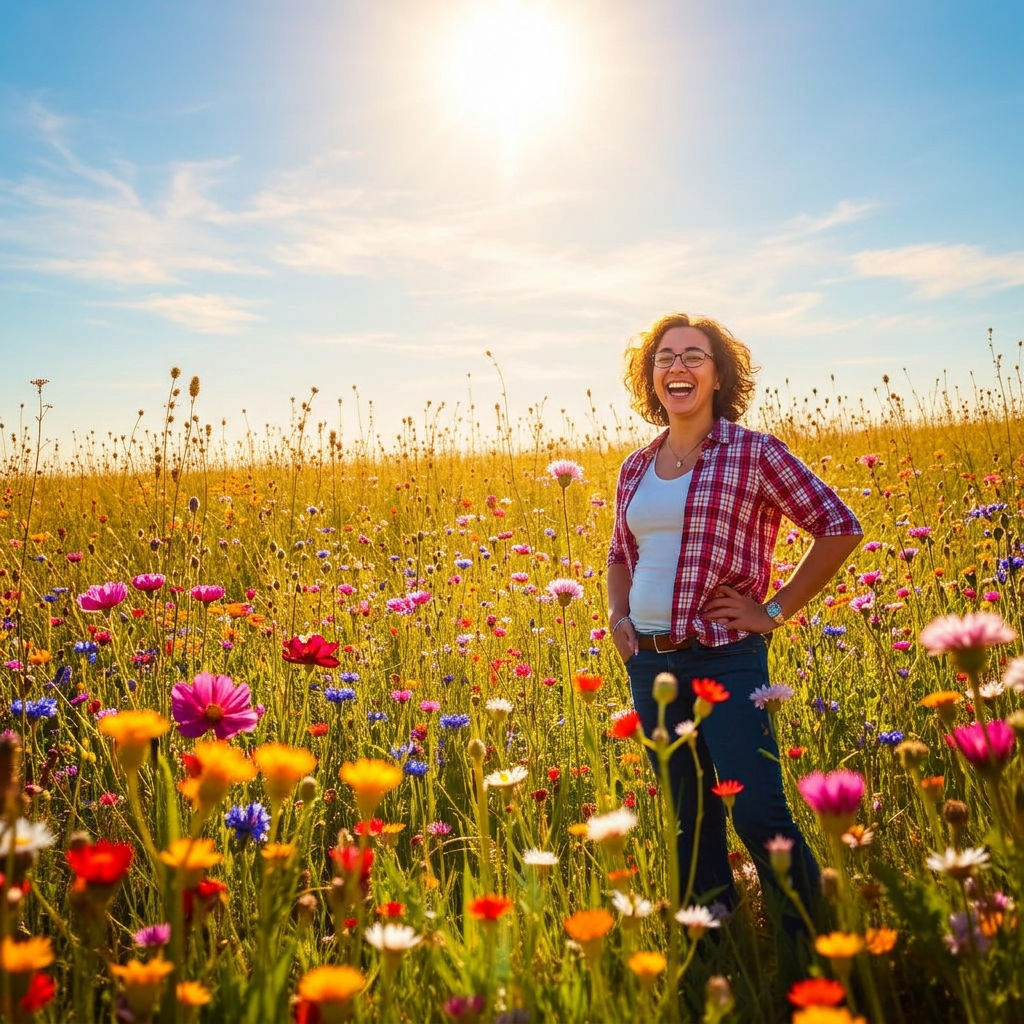 A confident person standing tall in a field of wildflowers under blue sky