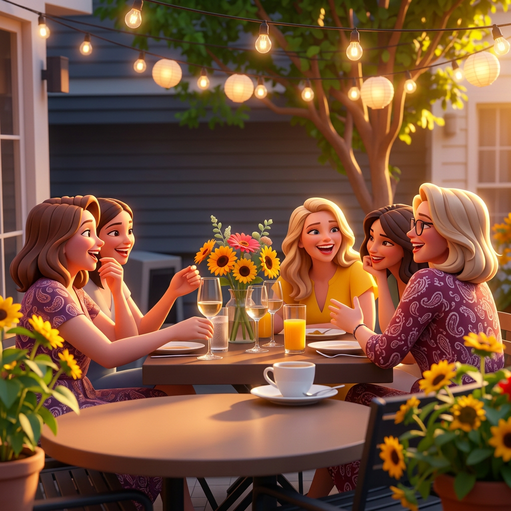 Friends laughing together around a warmly lit outdoor table at golden hour