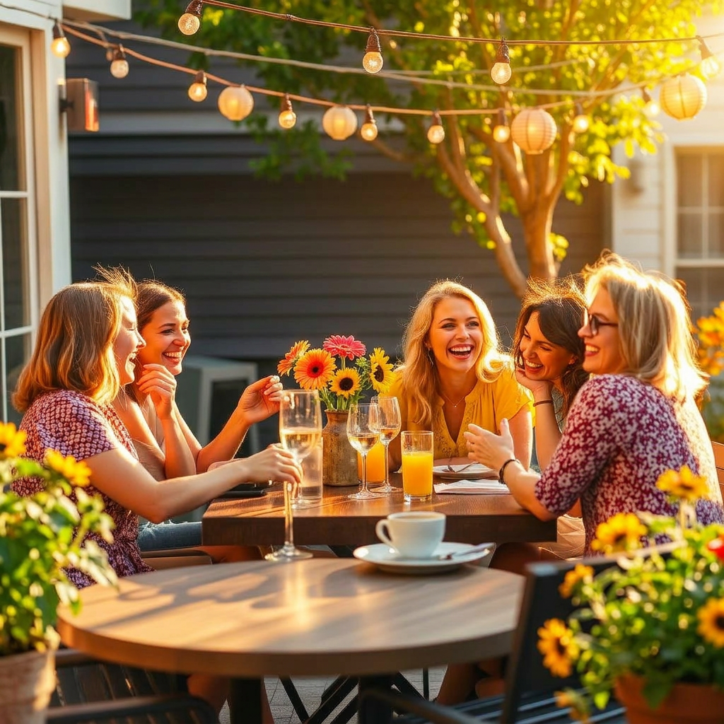 Friends laughing together around a warmly lit outdoor table at golden hour