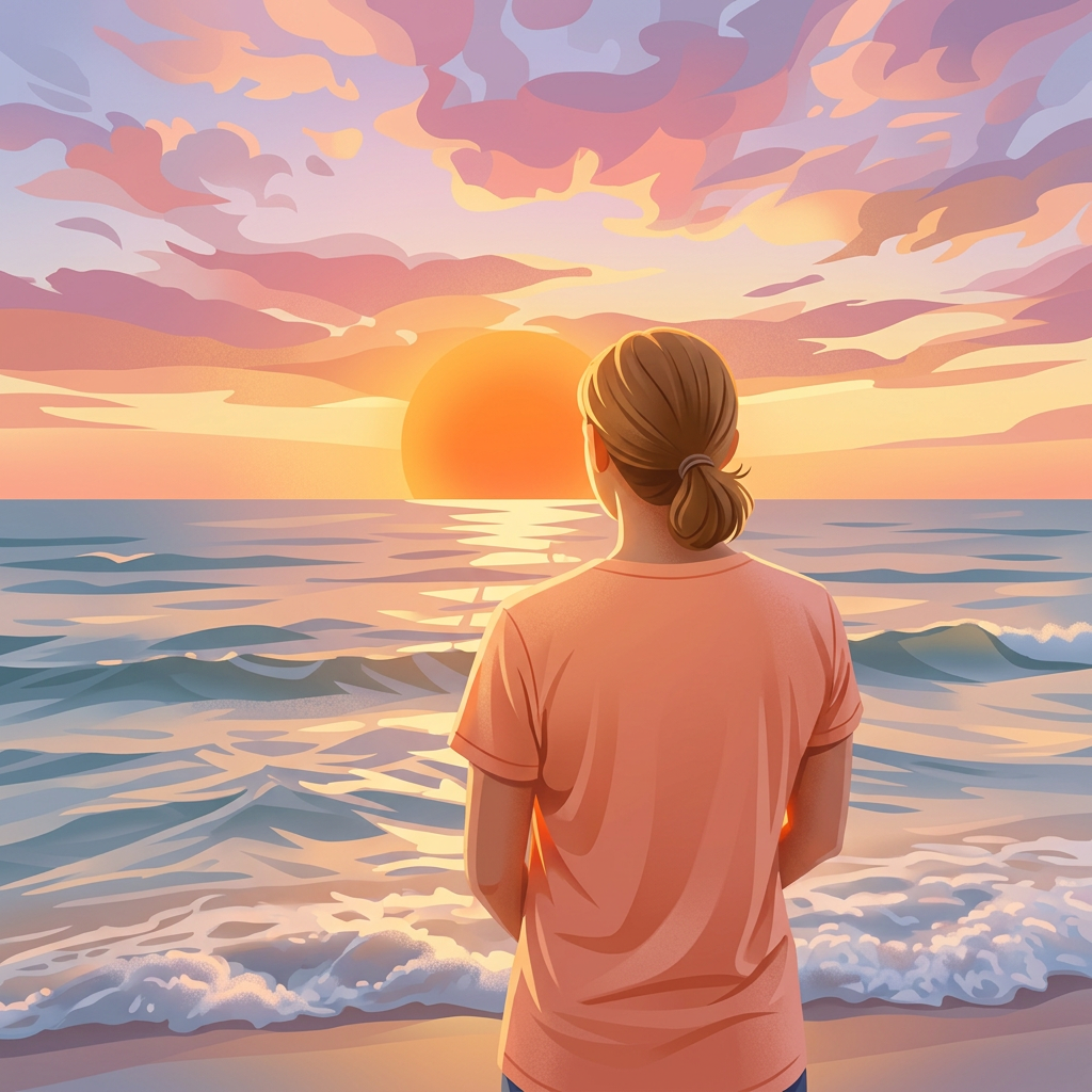 A peaceful person watching gentle ocean waves at sunrise