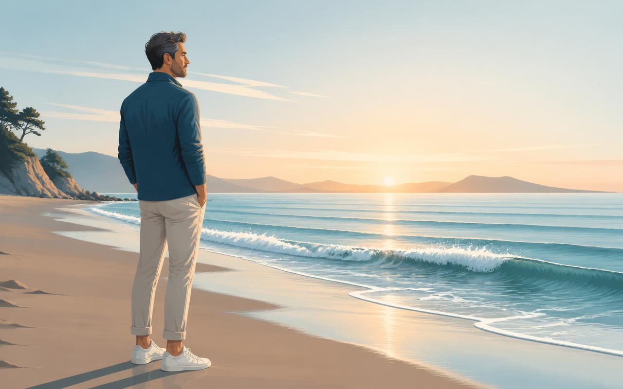 A man standing calmly on a quiet beach at sunrise, watching gentle ocean waves