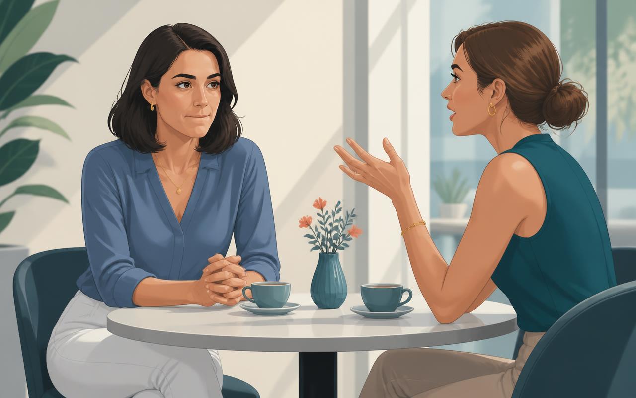A woman at a cafe table holding her feelings in while the friend across from her keeps talking