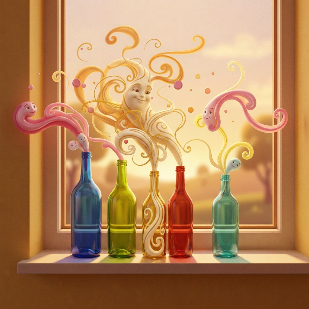 Glass bottles holding swirling colored mist