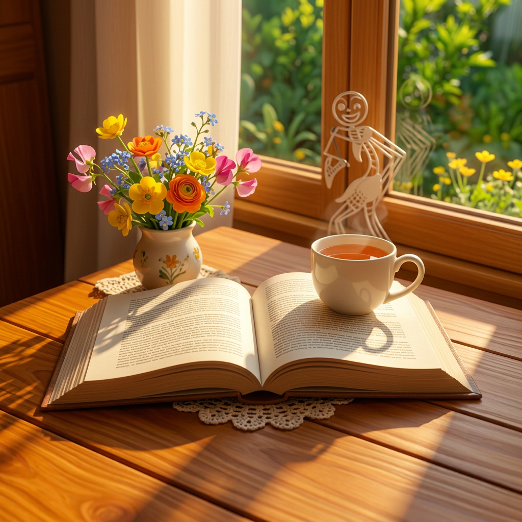 An open book on a sunlit wooden table beside a warm cup of tea