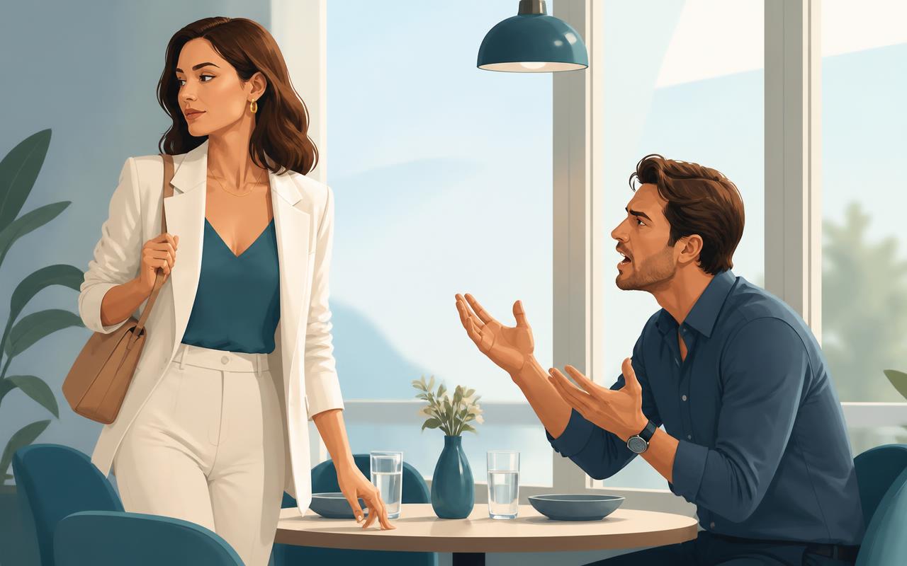A composed woman calmly standing to leave a table where a man is mid-argument