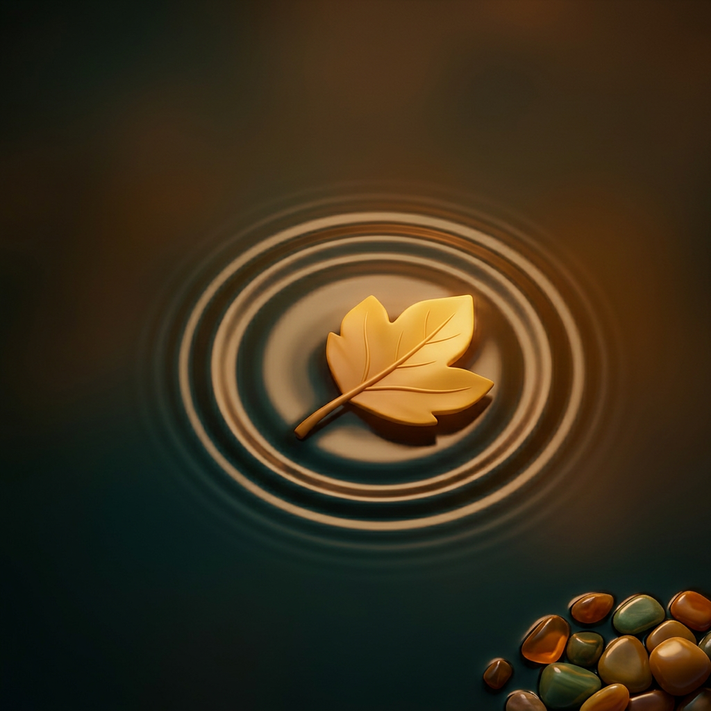 A single yellow leaf resting on a still pond, creating small ripples that reach the shore.