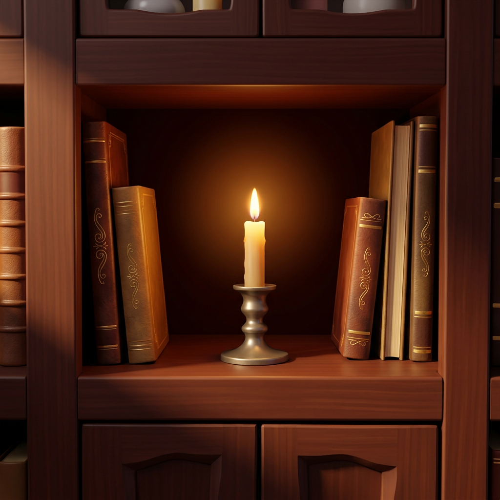 An old wooden bookshelf with one empty space where a single candle burns bright.