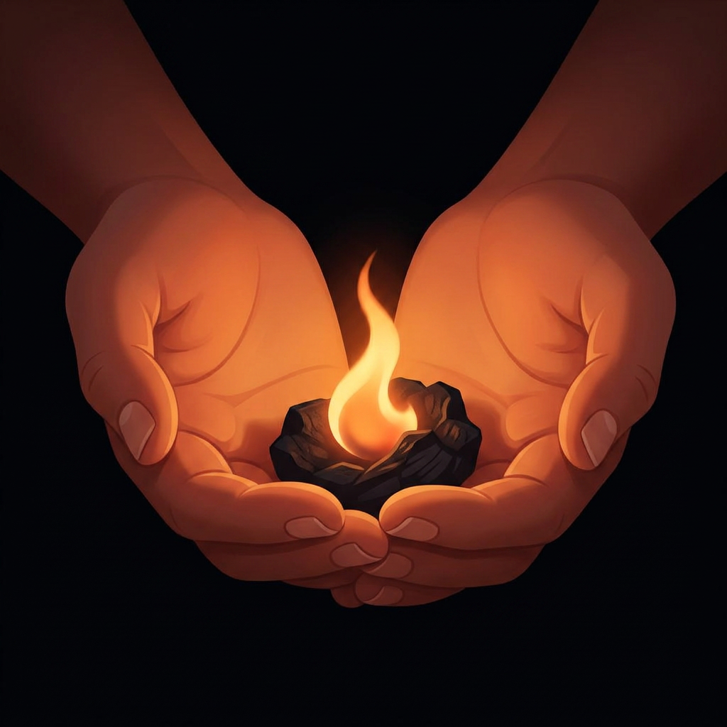 A pair of hands cupping a small, glowing ember in the dark.