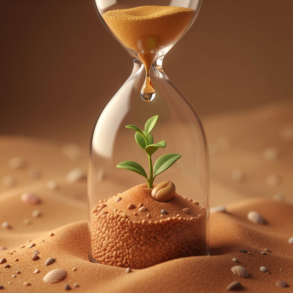 An hourglass filled with coarse sand, with a single green sprout growing from the bottom.