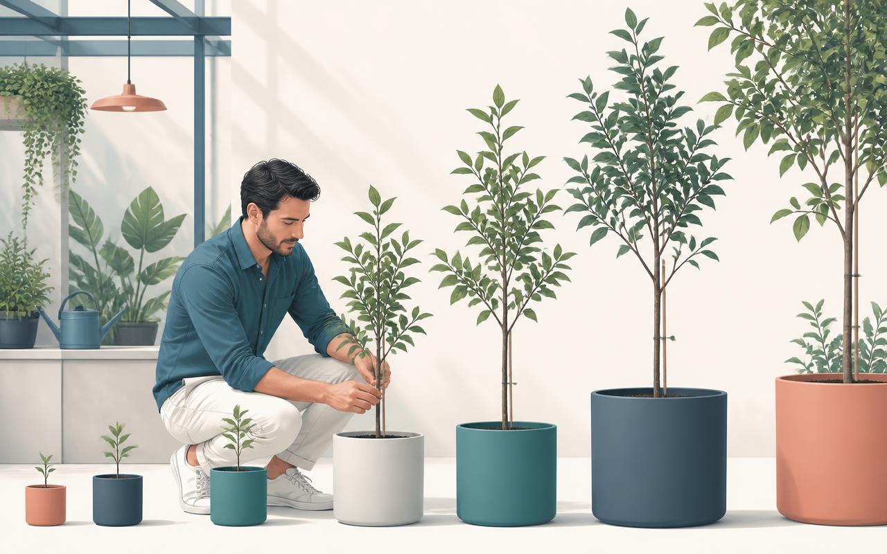 A man in a bright nursery tending rows of young trees at different stages of growth