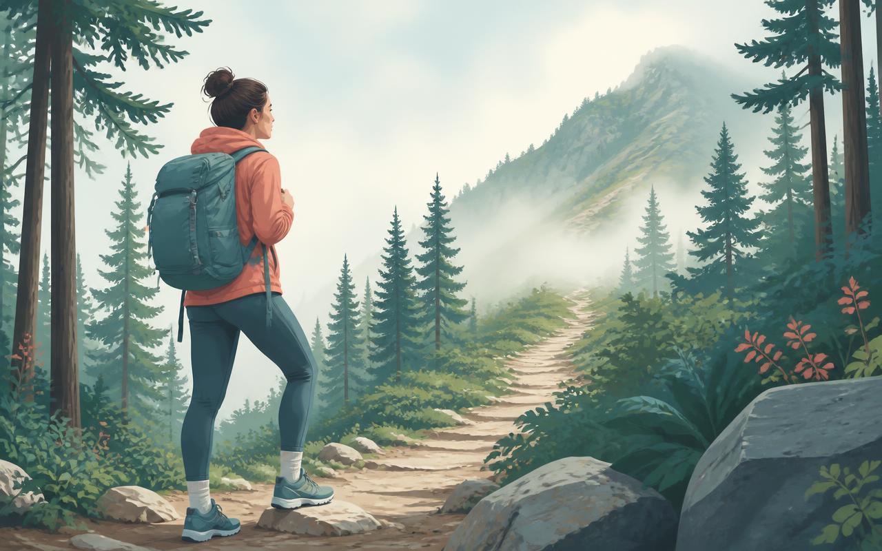 A woman in hiking clothes taking the first step onto a forest trail as mist hides the summit