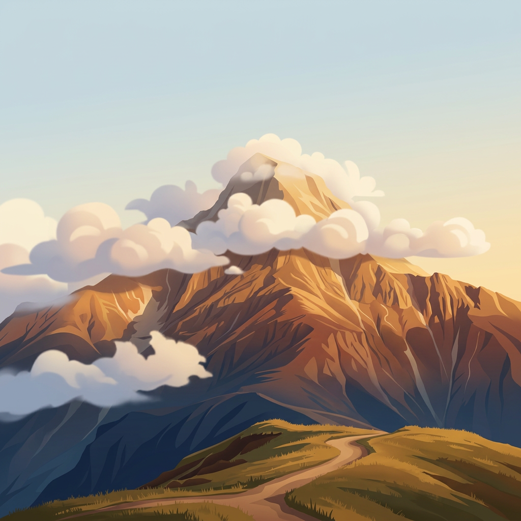 A mountain peak partially obscured by clouds, with a clear path visible in the foreground.