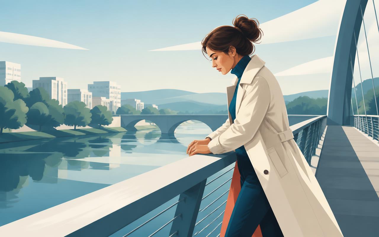 A woman standing on a modern footbridge, looking down at the river flowing beneath
