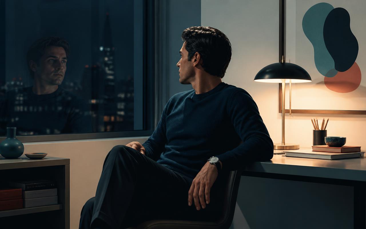 A man alone in a study at night looking honestly at his own reflection in the dark window