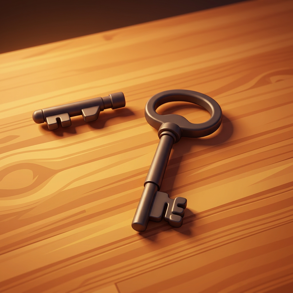A heavy iron key resting on a plain wooden table.