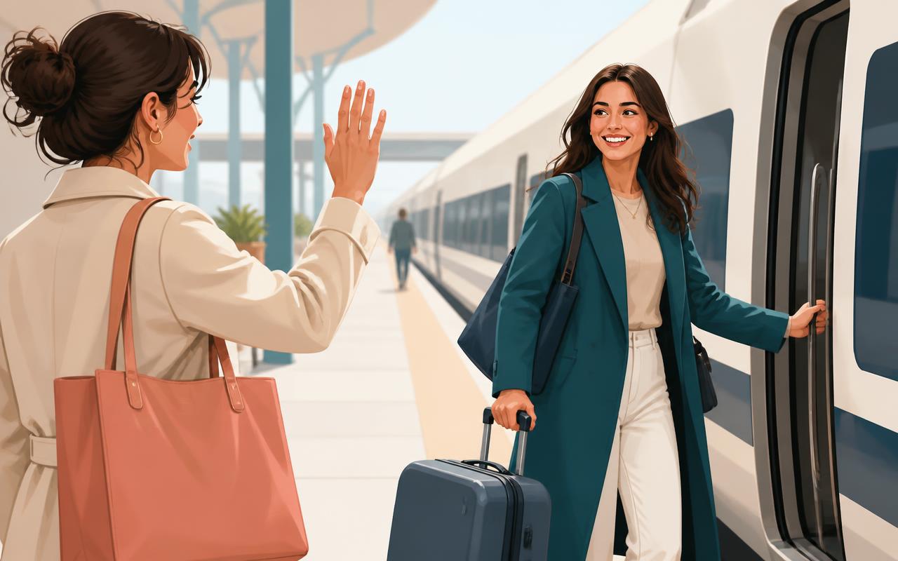 A woman with a suitcase waving goodbye to a friend as she steps aboard a train