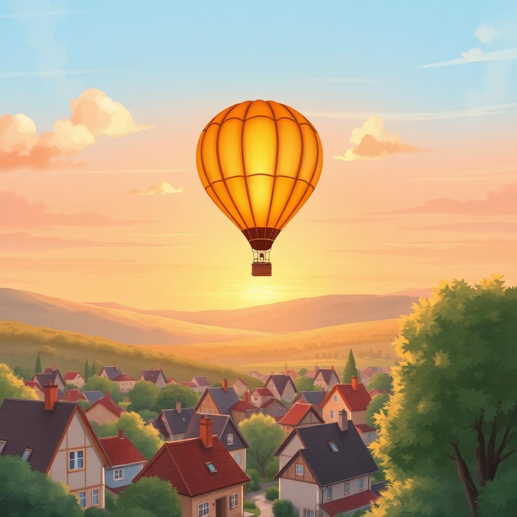 A hot air balloon rising over a quiet town at dawn