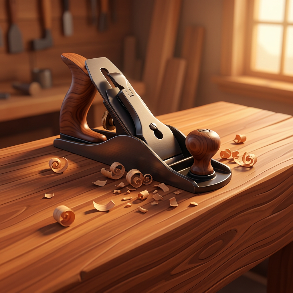 A carpenter's plane smoothing a rough piece of oak, with golden shavings falling.