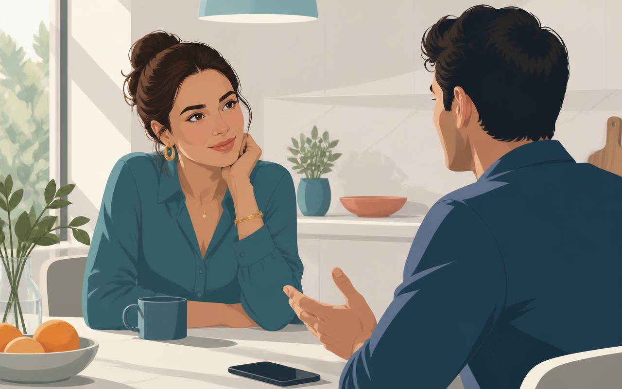 A woman listening with full attention to a friend at a sunlit kitchen table, her phone set aside