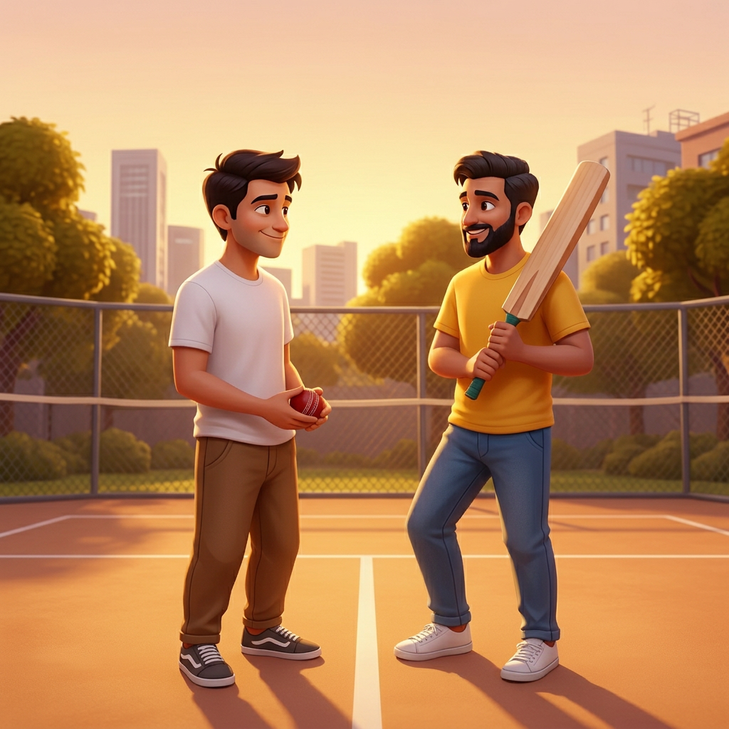 Two friends on a box cricket court at sunset, respectfully discussing a rule with open body language.