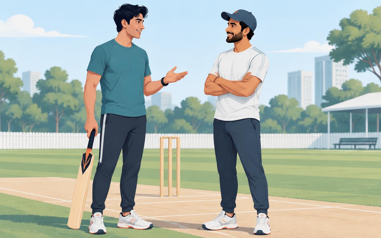 Two friends in sportswear talking calmly beside a cricket ground, one holding a bat, both relaxed and respectful.