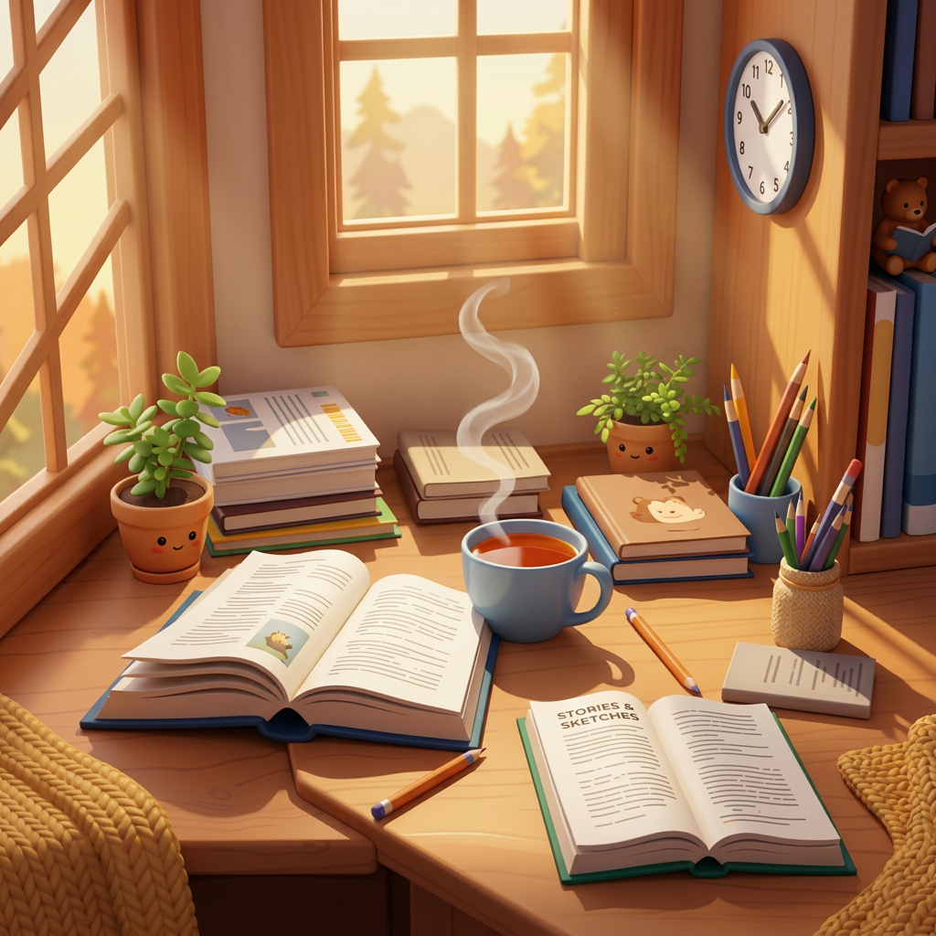 A desk covered in many open books and scattered tools