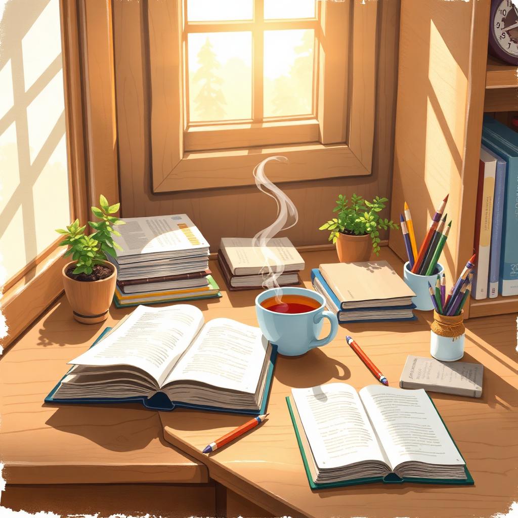 A desk covered in many open books and scattered tools